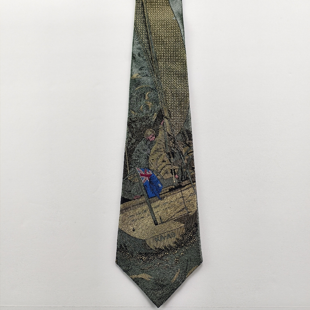 Vintage Sailing Theme Tie Australia Flag Yacht Club Style Olive Green Gold Rare